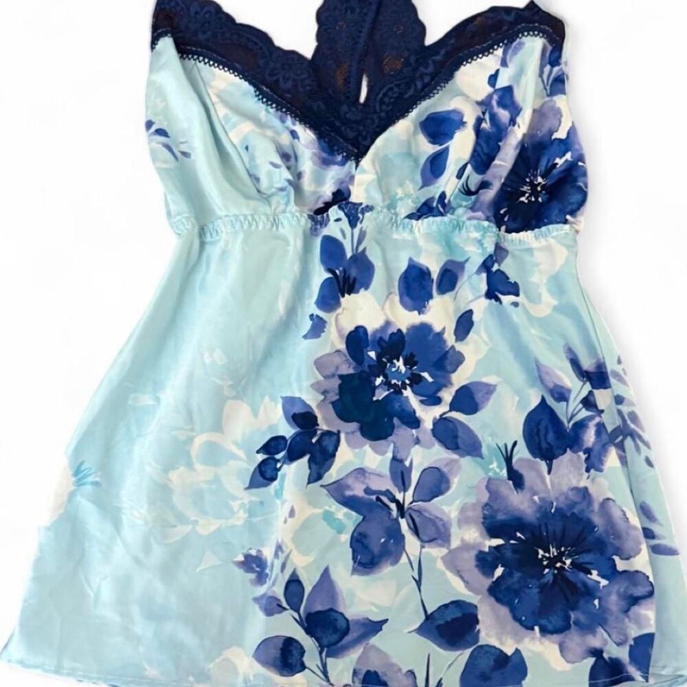 Y2K Apt 9 Blue Floral Lace Trim Chemise Babydoll Slip Dress